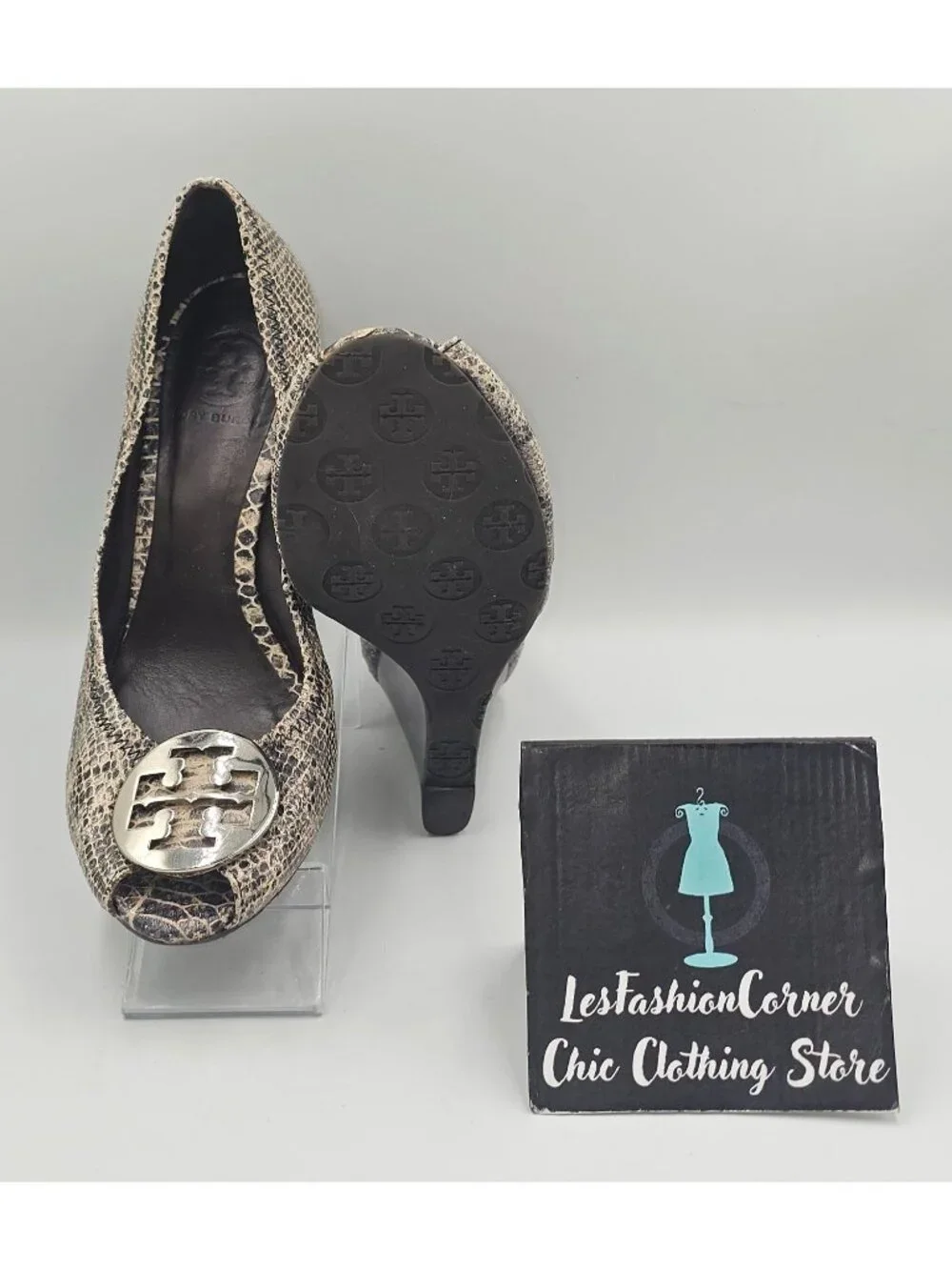 Tory Burch Women's Python Leather Julianne Peep Toe Wedge Pumps Shoe Size 9 3783